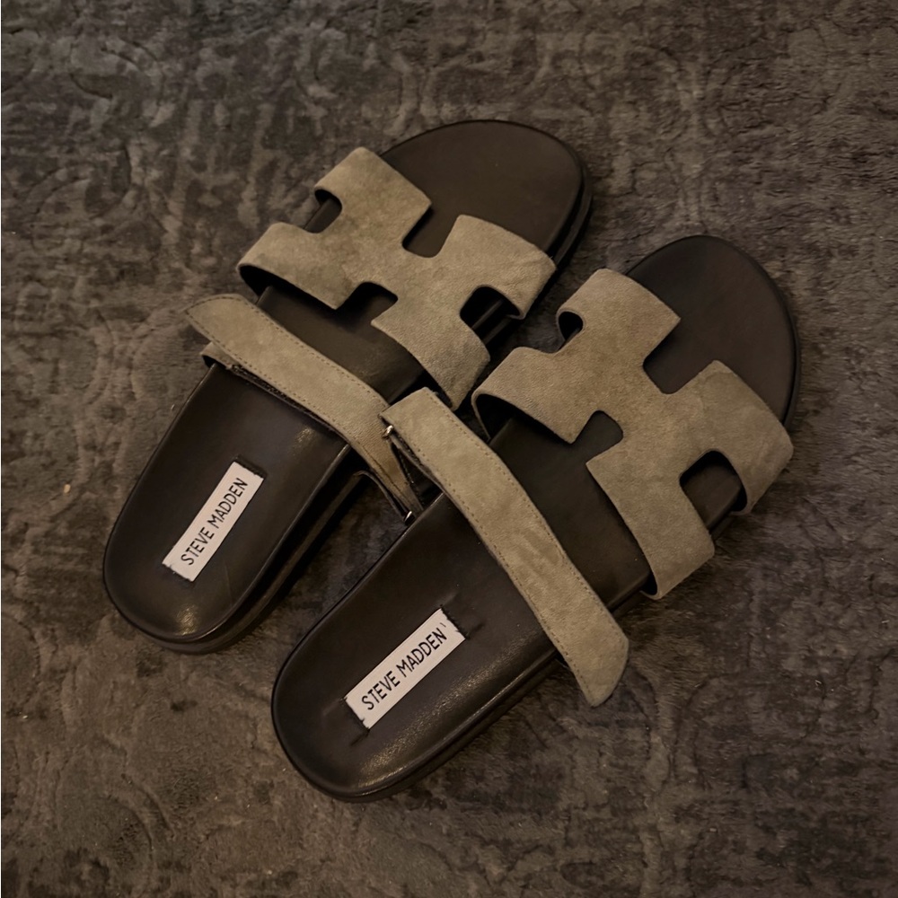 Steve Madden Olive Green Suede Double-Strap Slide Sandals